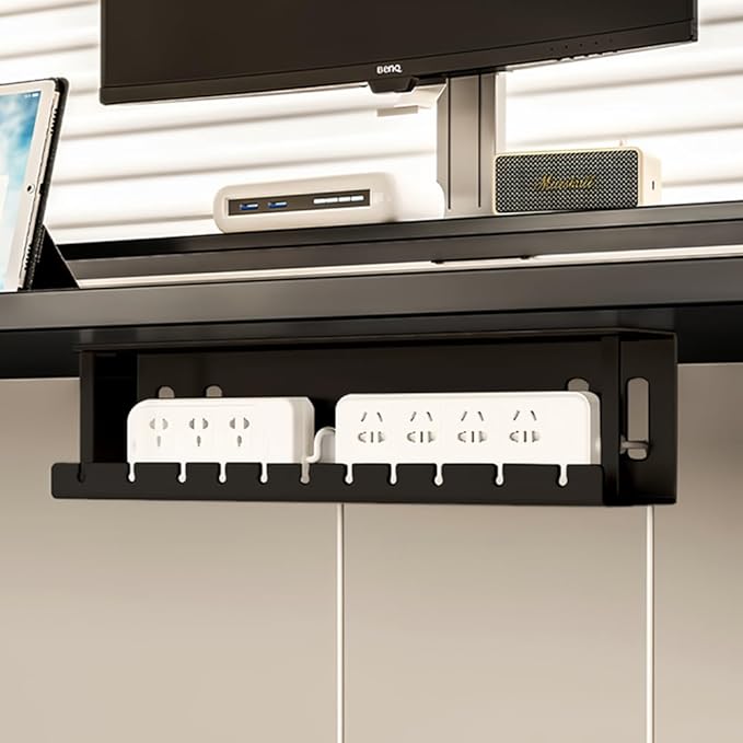 Under Desk Cable Management Tray Wires Organizer Power Strip Management 20'' No Drill Under Table Organizer for Cable Storage Holder (BLACK-40CM)