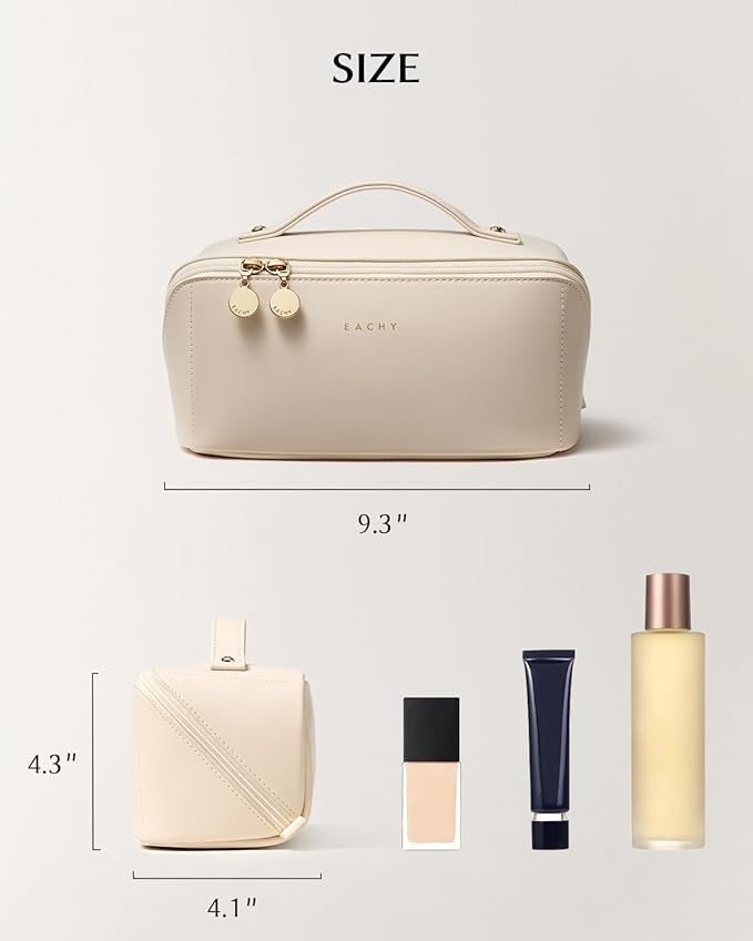 EACHY Travel Makeup Bag, Large Capacity Cosmetic Bag for Women, Waterproof PU Leather, Flat Open Portable Toiletry Bag for Skincare, Brushes & Travel Essentials