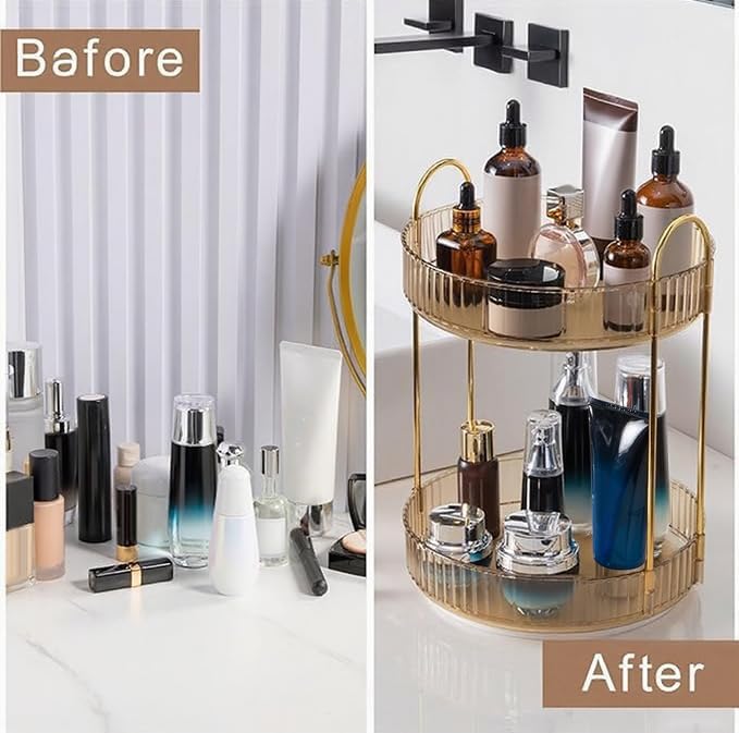 360 Rotating Makeup Organizer, Yellow, Unisex, 2 Tier Countertop Storage