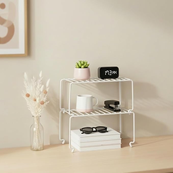 2-Pack Small (10.8x5.3inch) White Stackable Shelf Organizer Rack, Kitchen Shelves Organization for Cabinet, Pantry Organizers and Storage, Wire Shelf Rack, Desk Organizer, Rustproof