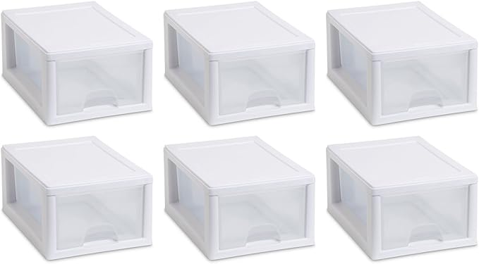 Sterilite 20518006 6 Quart/5.7 Liter Stacking Drawer, White Frame with Clear Drawer,(pack of 6)