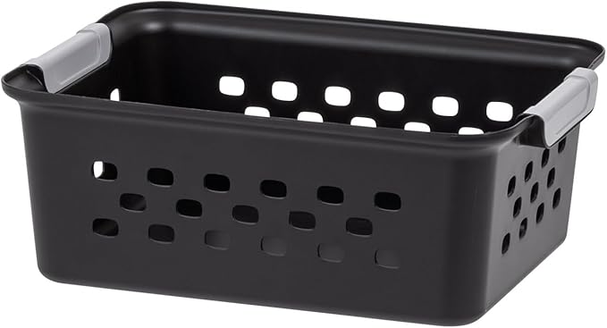 IRIS USA Plastic Storage Baskets, 12-Pack, Made in USA, Shelf Baskets Small Baskets Organizing Bins For Pantry Countertops Closet Shelves Office, Muti-Purpose, Nestable, Easy Carry, Black