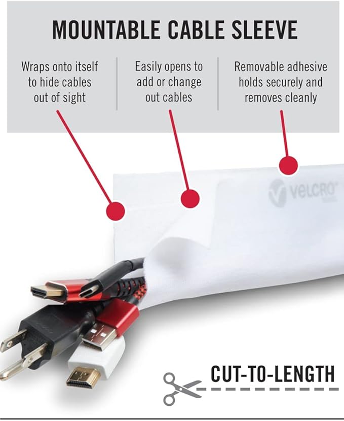 VELCRO Brand Mountable Cable Management Sleeve | Cord Hider Mounts on Walls or Desk | Pefect Wire Organizer for Home or Office | Removable Damage Free Adhesive | 12in White, 2pk, 12in - 2Pk