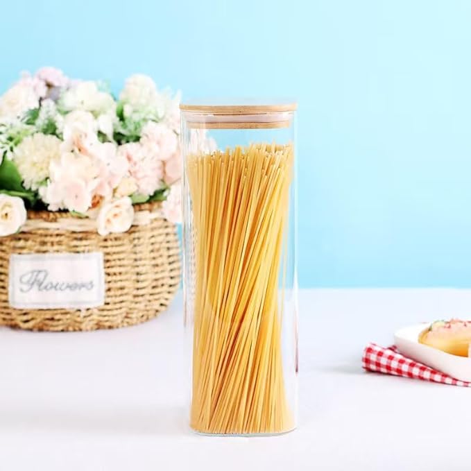 3 Pack Square Kitchen Storage Jars with Airtight Bamboo Lids and 132 Pantry