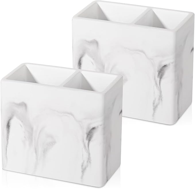 Diatomite Toothbrush Holder 2 Slots Tooth Brush Holder for Bathroom, Kids Electric Toothbrush and Toothpaste Organizer for Countertop, Shower, Vanity, 2 Pack, Marble White