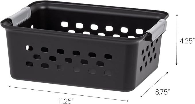 IRIS USA Plastic Storage Baskets, 12-Pack, Made in USA, Shelf Baskets Small Baskets Organizing Bins For Pantry Countertops Closet Shelves Office, Muti-Purpose, Nestable, Easy Carry, Black