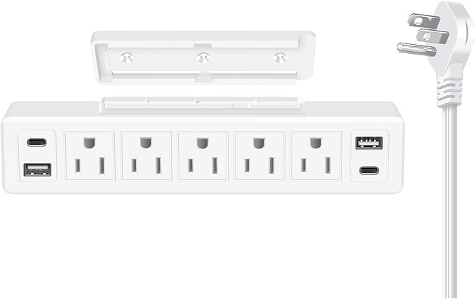40W Under Desk Power Strip Mountable,20W USB-C Fast Charging Flat Plug Power Strip Surge Protector 1200J,9 in 1 Desk Outlet,5 Outlets,2 USB-C,2 USB-A,10FT Extension Cord White