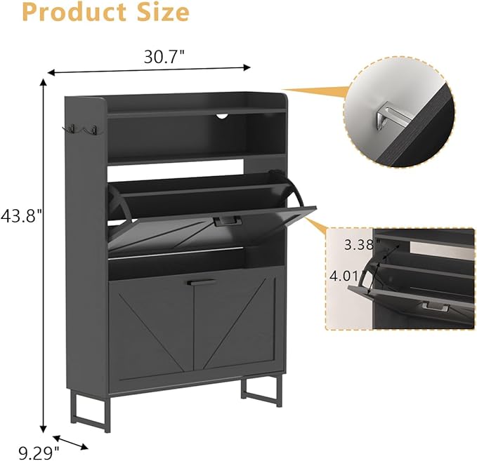 Shoe Cabinet with 2 Flip Drawers, Freestanding Hidden Shoe Storage Organizer for Entryway, Narrow Slim Shoe Rack Cabinet with Open Storage & Hooks for Front Door Entrance, Living Room, Hallway, Black