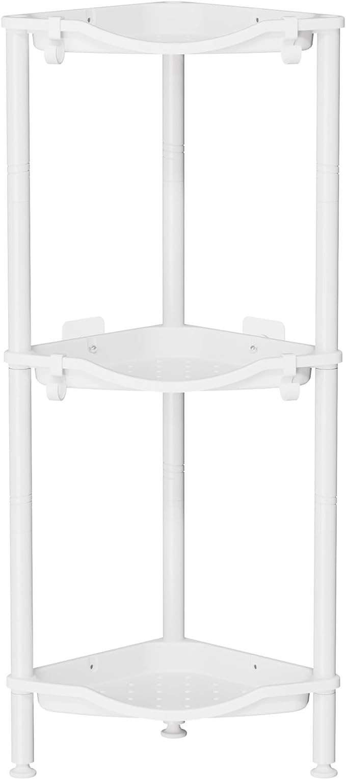 Lifewit Floor Standing Shower Caddy Corner, 3 Tier Plastic Shower Stand Rack with Adjustable Feet and Hooks, Rustproof Bathroom Shelf Organizer, White, 34 x 24 x 75 cm/13 x 9.5 x 29.5 inch