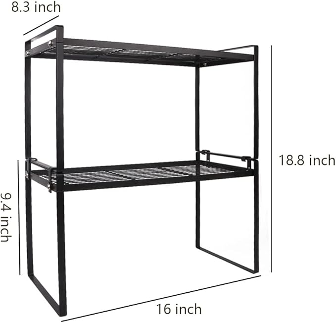 2 Pack Stackable Cabinet Shelf Organizer - Heavy-Duty Coated Metal Storage Rack, Non-Slip Space-Saving for Kitchen Pantry, Under Sink, Cupboard, Countertop (Black)