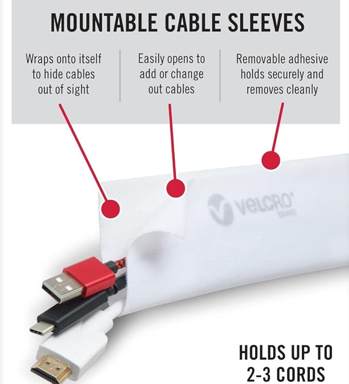 VELCRO Brand Mountable Cable Management Sleeve | Cord Hider Mounts on Walls or Desk | Pefect Wire Organizer for Home or Office | Removable Damage Free Adhesive | 12in White, 2pk, 12in - 2Pk
