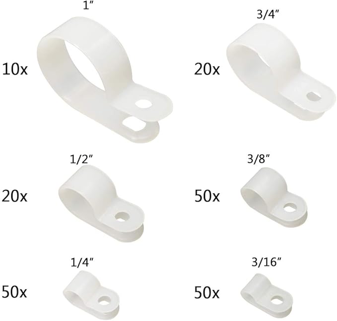 Cable Clamp 200 Pcs Black Nylon Screws Plastic R-Type Cable Clamp Clips Fasteners Assortment for Cable Conduit 6 Sizes 3/16" to 1" - White