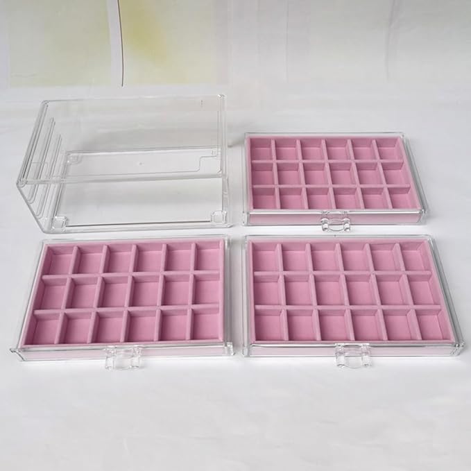 YUFONG Earring Organizer Box Acrylic Jewelry Organizer with 3 Drawers 54 Adjustable Grids Clear Stackable Earring Holder Velvet Trays Ring Display Case for Women Girls (Pink)