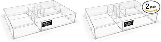 Isaac Jacobs 8-Compartment Clear Acrylic Drawer Organizer (13" L x 8.1" W x 2.3" H), Multi-Sectional Tray & Storage Solution for Makeup, School & Office Supplies, Bathroom, Kitchen (Pack of 2)
