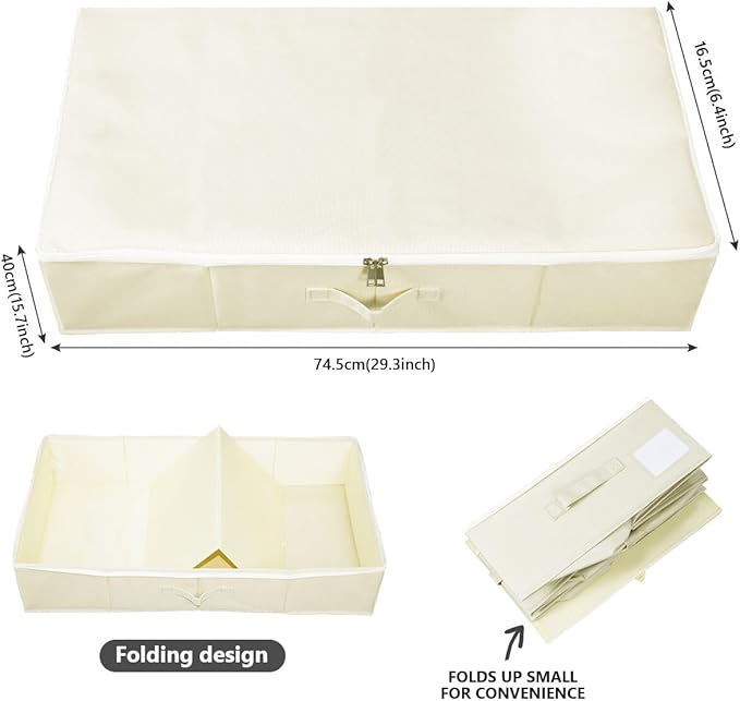 Under Bed Storage Bins with Lids, Closet Organizers, Foldable Under-bed Storage Baskets for Sheets, Clothes, Quilts, Sweaters, Wrapping Paper, 35x16.5x7inch, Beige, 2PCS