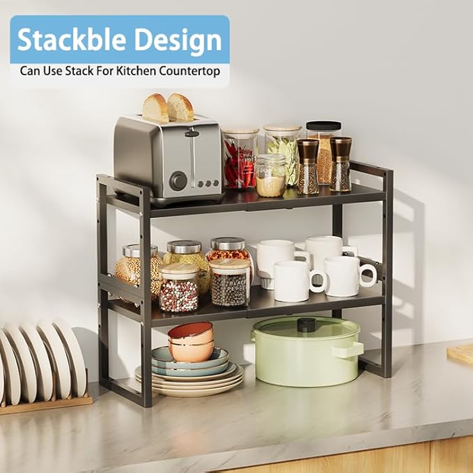 2 Pack Expandable Kitchen Cabinet Shelves Organizer,Heavy Duty Metal Shelving Units and Storage,Stackable Adjustable Kitchen Storage Organization Shelves Rack for Counter Cupboard Pantry,Length:20.5"