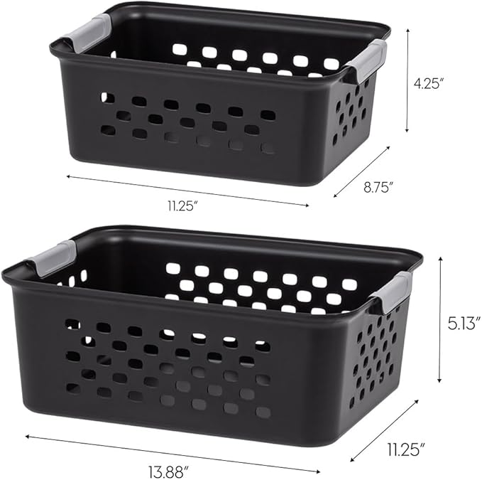 IRIS USA Plastic Storage Basket Bundle, Small - 12 Pack + Medium - 6 Pack, Shelf Basket Storage Organizer for Pantry, Cabinet, Bedroom, Closet, Laundry Room, Home Work Office, Craft Supplies, Black