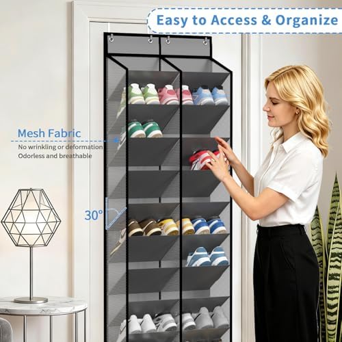 20-30 Pairs Grey Over the Door Shoe Organizer, Mesh Hanging Shoe Rack for Door Storage with 20 Wide Deep Pockets,10-Tier Door Shoe Holder Fits Sneakers, Boots.