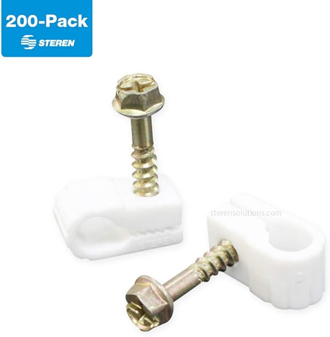 STEREN Coaxial Cable Clips - Cable Holder - Wire Clips - Siding Clips for Hanging - Cord Holder for Desk - Cable Clamps (White, 200 Count - Single Screw)