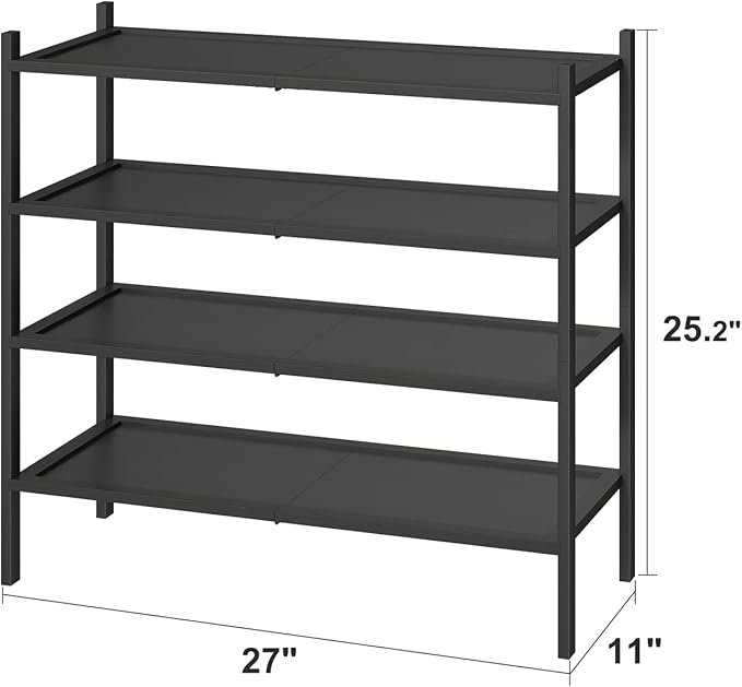 kiplant Shoe Rack for Entryway, Black Bamboo Shoe Rack 4-Tier, Stackable Shoe Organizer for Hallway Closet, Free Standing Shoe Racks for Indoor Outdoor