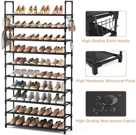 10 Tier Shoe Rack Tall Large Capacity Wide Shoe Organizer with Two Hooks Sturdy Metal Shoe Shelf for Entryway, Closet, Bedroom