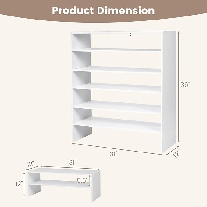 Giantex 3-in-1 Vertical Shoe Rack, 6-Tier Free Standing Shoe Storage Organizer w/Stackable Design for 18 Pairs, 31 Inch Wide Wood Shoe Shelf for Closet, Entryway, Living Room, Office, White
