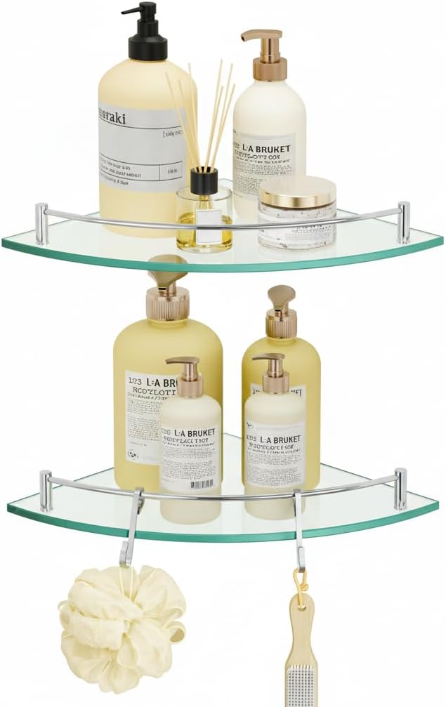 KES Glass Corner Shelf with Hooks 18/8 Stainless Steel, Tempered Glass Bathroom Corner Shelf with Rail, Shower Glass Shelf 2 Pack Wall Mounted, Polished Finish, BGS2101A-P2