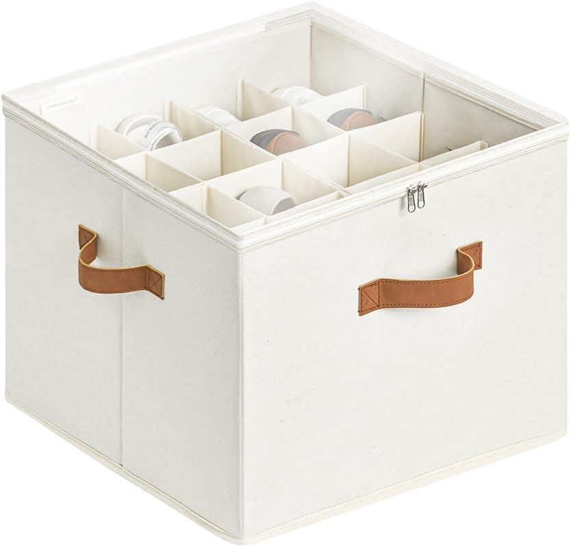 StorageWorks Shoe Organizer for Closet, Shoe Storage Cubby Containers with Adjustable Dividers and Clear Cover, Fits up to 16 Pairs, Foldable Shoe Storage Box for Closet, Entryway, Beige