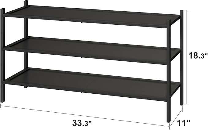 kiplant Black Long Shoe Rack, 3-Tier Bamboo Wood Shoe Rack for Entryway, Stackable | Foldable | Natural, Shoe Organizer for Hallway Closet, Free Standing Shoe Racks for Indoor Outdoor