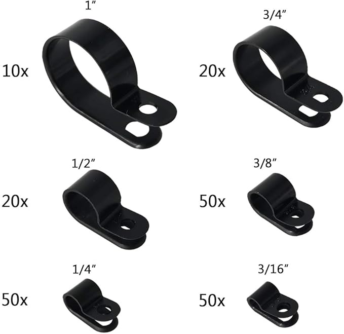 Cable Clamp 200 Pcs Black Nylon Screws Plastic R-Type Cable Clamp Clips Fasteners Assortment for Cable Conduit 6 Sizes 3/16" to 1"