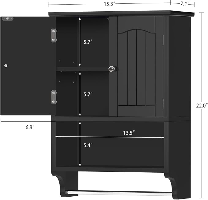 TEENFON Medicine Cabinet with Adjustable Shelves and Towel Rack, Bathroom Wall Mounted Cabinet Over the Toilet Storage for Bathroom, Living Room, 7.09" D x 15.35" W x 22.04" H, Black