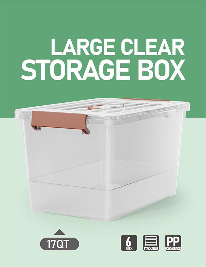 6 Pack 17qt Clear Plastic Storage Bin with Lid and Latching Buckles