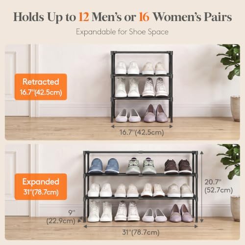 Expandable Shoe Rack for Closet, Pre-Assembled Shelves, 3 Tier