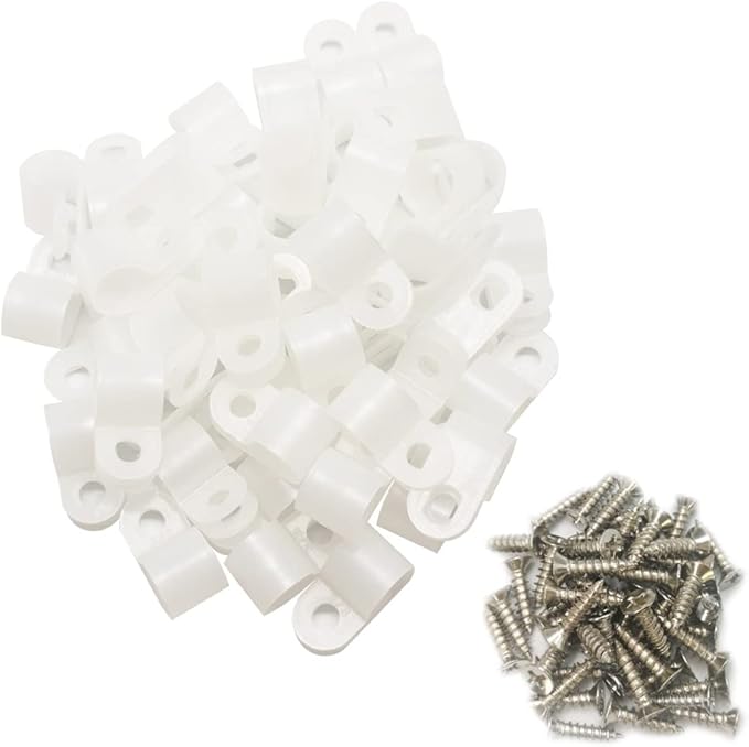 Cable Clamp R-Type Cable Clip Wire Clamp 5/16" Nylon Screw Mounting Cord Fastener Clips with Screws for Wire Management - White - 50 Pcs