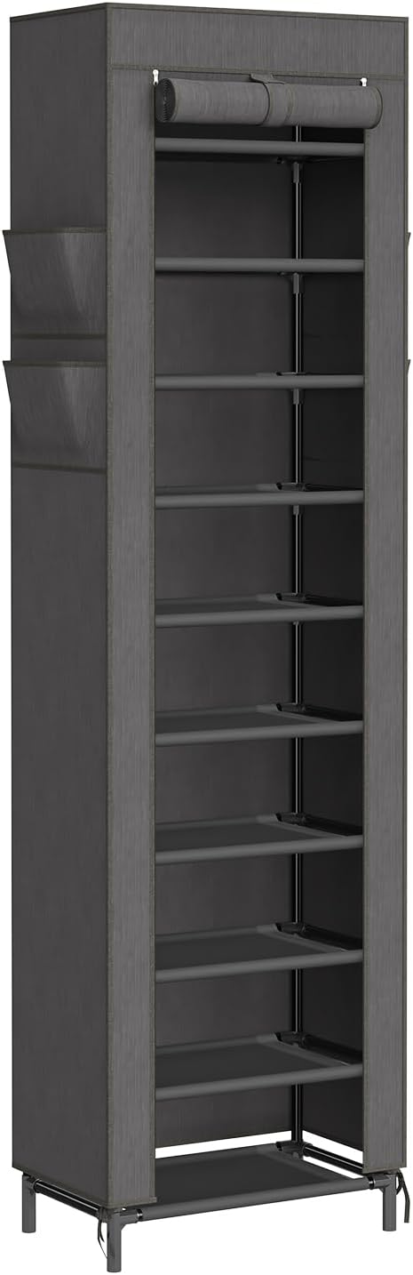 Simple Trending Narrow Shoe Rack with Cover, 10 Tier Shoe Organizer Storage, Tall Free Standing Shoe Cabinet Holds 20 Pairs for Closet, Black