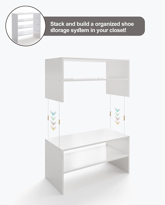 2-Tier Stackable White Shoe Rack, Wooden 2-Shelf Shoe Organizer Freestanding Shoe Storage Stand for 6-9 Pairs, Perfect for Closet, Entryway, Office Use - White(Pack of 2)