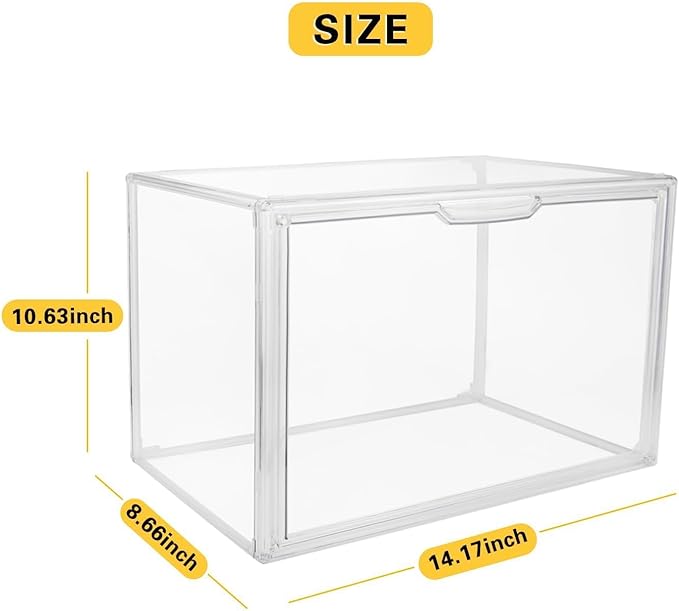 GUDEMAY Clear Stackable Plastic Storage Bins with Lid, Dustproof Acrylic Display Case for Collectibles, Large Figures Showcase, Shoe Storage Box, Closet Organizer for Book Cosmetic Purse (L, Count, 1)