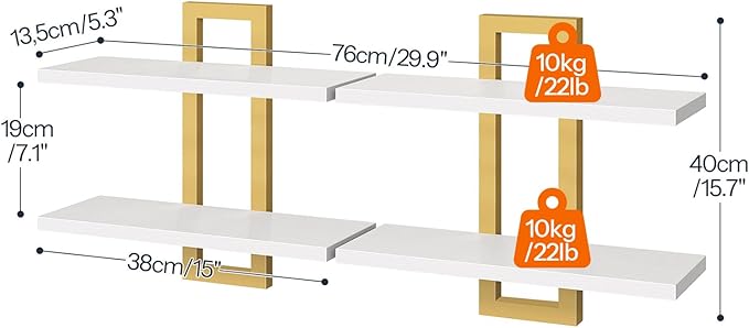 Floating Shelves, 15 Inch Wall Shelf Set of 2, White and Gold DW32BJ01