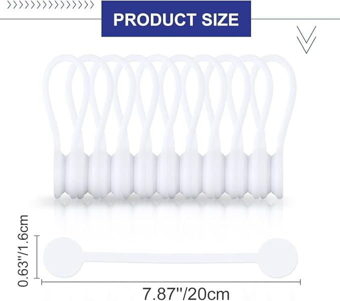 Kanemc 7.9'' Silicone Cord Tie Included Tags, Magnetic Long Cable Ties Reusable Straps Twist Ties Elastic Magnetic Ties For Wrapping Cables Bundles (10Pcs-White)