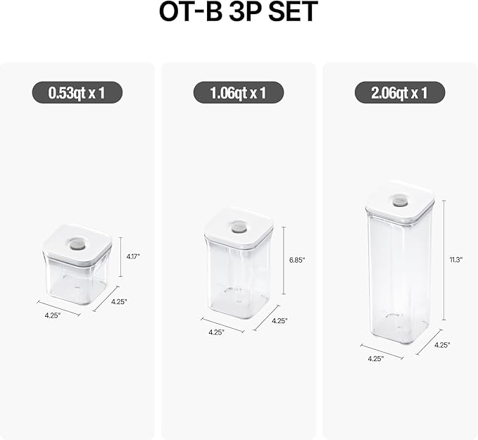VAKUEN Premium Airtight Food Storage Containers, Square-S 3PC-SET, Smart One-Click Seal Lid, No Hinges, 100% Leak Proof, BPA-FREE, Dishwasher, Freezer & Microwave Safe