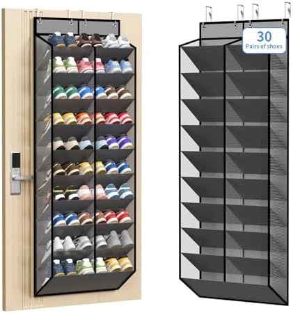 20-30 Pairs Grey Over the Door Shoe Organizer, Mesh Hanging Shoe Rack for Door Storage with 20 Wide Deep Pockets,10-Tier Door Shoe Holder Fits Sneakers, Boots.