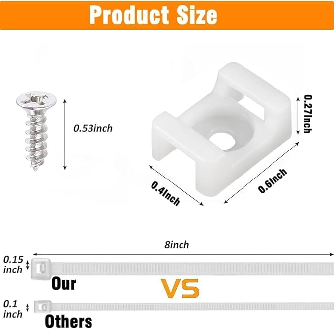 White Cable Zip Tie Mounts Kit-100 Pcs Cable Zip Tie Saddle Type Mounts Base with 100 Pcs 8" Cable Ties and 100 Pcs Tapping Screw, Wire Cable Clips Organizer Holders Clamps