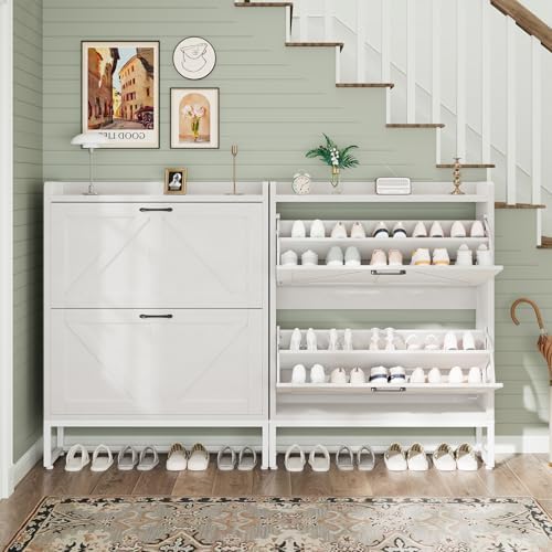 Shoe Cabinet, Shoe Storage Cabinet with 2 Flip Drawers & Adjustable Shelf, Space-Saving Shoe Organizer – Holds 16+ Pairs, Narrow Shoe Cabinet Storage for Entryway/Hallway（White）