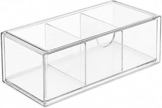 2-Layer Clear Acrylic Vanity Organizer with Adjustable Dividers, Stackable 3-Compartment Storage Box for Makeup, Hair Accessories, Skincare, Bathroom, Desk - 8.07" x 3.94" x 2.76"