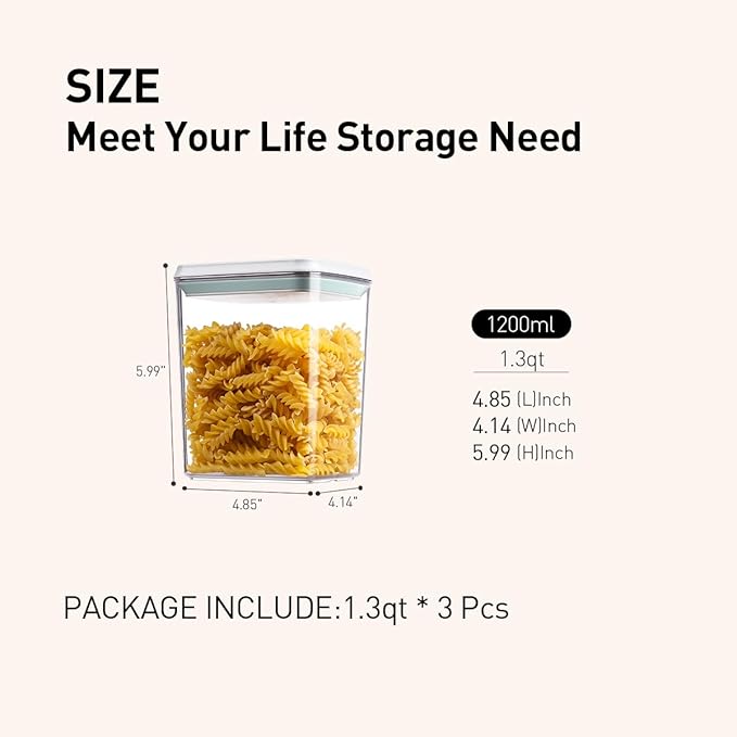 Airtight Food Storage Containers, 1.3Qt 3Pcs Pop Food Containers with Lids