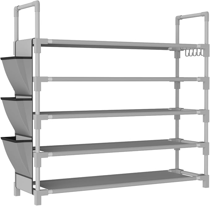 5 Tier Shoe Rack, Shoe Organizer Storage for 20-25 Pair Boot and Sneaker, Stackable Free Standing Shoe Shelf with Hooks and Side Pocket, Space Saving Shoes Rack for Closet, Entryway, Grey