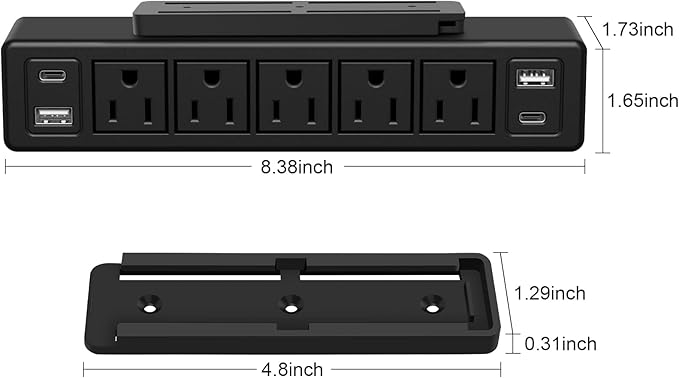 40W Under Desk Power Strip Mountable,20W USB-C Fast Charging Flat Plug Power Strip Surge Protector 1200J,9 in 1 Desk Outlet,5 Outlets,2 USB-C,2 USB-A,6FT Extension Cord Black