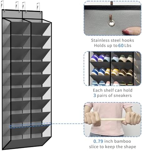 20-30 Pairs Grey Over the Door Shoe Organizer, Mesh Hanging Shoe Rack for Door Storage with 20 Wide Deep Pockets,10-Tier Door Shoe Holder Fits Sneakers, Boots.