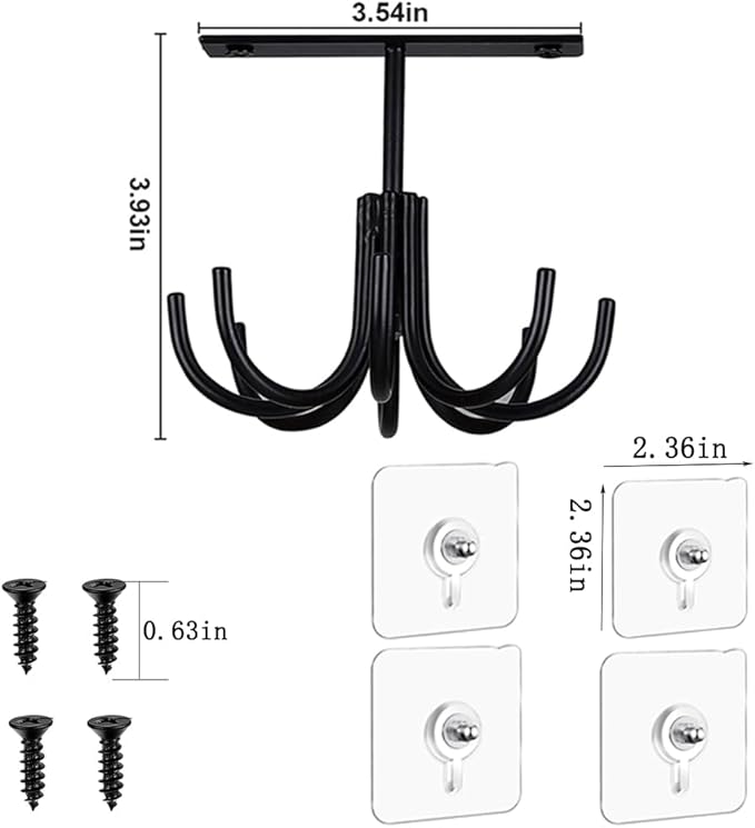 Metal Under Cabinet Kitchen Utensil Hooks,360° Rotating Kitchen Utensil Rack with 8 Hooks,Drilling Free Adhesive Utensils Hanging Rack for Tools/Towel/Knife (Black)