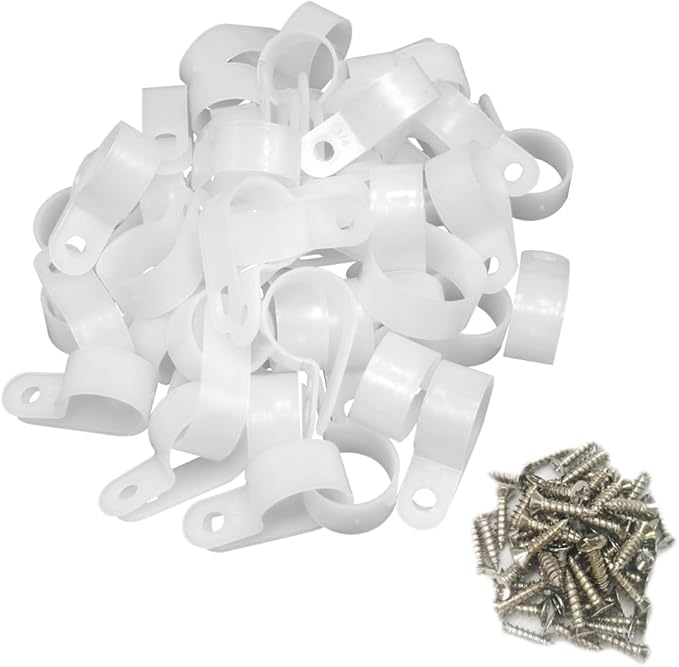 Cable Clamp R-Type Cable Clip Wire Clamp 3/4" Nylon Screw Mounting Cord Fastener Clips with Screws for Wire Management - White - 50 Pcs